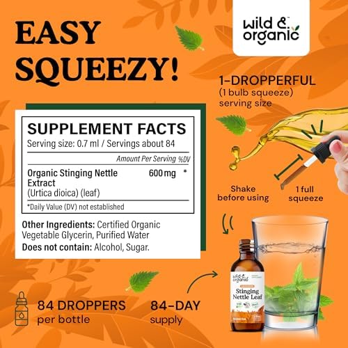 Wild & Organic Stinging Nettle Leaf Extract Drops - Urinary Tract Support - Liquid Stinging Nettle Supplement - Urtica Dioica Tincture - 2-Month Supply - Vegan, Sugar & Alcohol-Free - 2 fl oz
