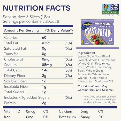 Wasa Crisp’n Light 7 Grains Crispbread, 4.9 oz (Pack of 4), Crackers, Non-GMO Ingredients, 7 Grain Blend, 20 Calories per Slice