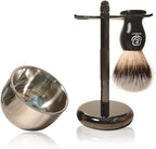 3 in1 Premium Shaving Brush Kit for Men Includes Vegan Badger Synthetic Hair Shaving Brush,Stainless Steel Shaving Soap Bowl,Heavy Safety Stand for Mens Gift (Deluxe Black)