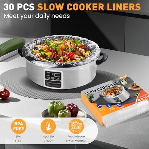 30 Pack Slow Cooker Liners, Large Size 13"x 21" Cooking Bags Disposable Pot Liners, Plastic Slow Cooker Bags Fits 3-8 Quarts, BPA Free, Suitable for Oval & Round Pot