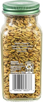 Simply Organic Whole Fennel Seed, 1,90 oz, Mild Sweet Flavor, Aromatic, Reminiscent of Licorice, Kosher