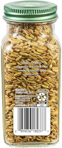 Simply Organic Whole Fennel Seed, 1,90 oz, Mild Sweet Flavor, Aromatic, Reminiscent of Licorice, Kosher
