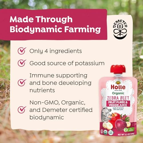 Holle Organic Baby Food Pouches, Zebra Beet Fruit & Veggie Purée with Apple, Banana & Beetroot, Demeter Biodynamic, Clean Label Project Recognized, 3.5 oz Pouches (Pack of 12), 6+ Months