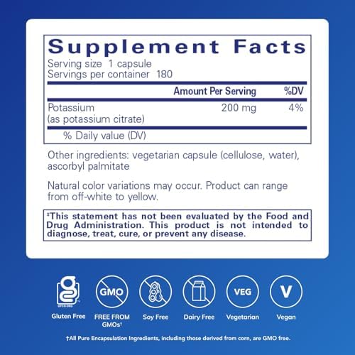 Pure Encapsulations Potassium (Citrate) - Essential Electrolyte Supplement to Support Nerve & Muscle Function, Adrenals, Hormones, Heart Health & Energy* - Potassium Citrate Capsule - 180 Capsules