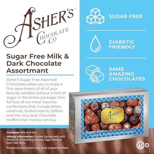 Asher's Chocolates Holiday Gift Box, Milk and Dark Chocolate Assortment, Small Batches of Kosher Chocolate, Family Owned Since 1892, Assorted Chocolate Gift Set (4 Sugar Free Items, Sugar Free Lovers)
