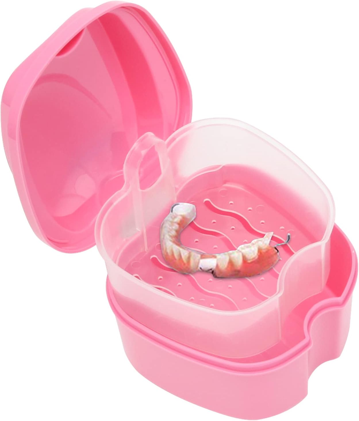 Denture Case, Denture Cup with Strainer, Coolrunner Denture Bath Box False Teeth Storage Box with Basket Net Container Holder for Travel, Retainer Cleaning(Pink）