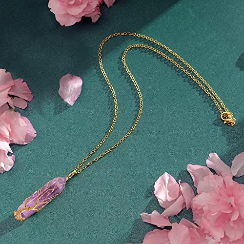 VIBILIA Healing Crystal Necklace Tree of Life Wire Wrapped Natural Stone Point Pendant Necklace Hexagonal Reiki Spiritual Quartz Gemstone Jewelry for Women Men