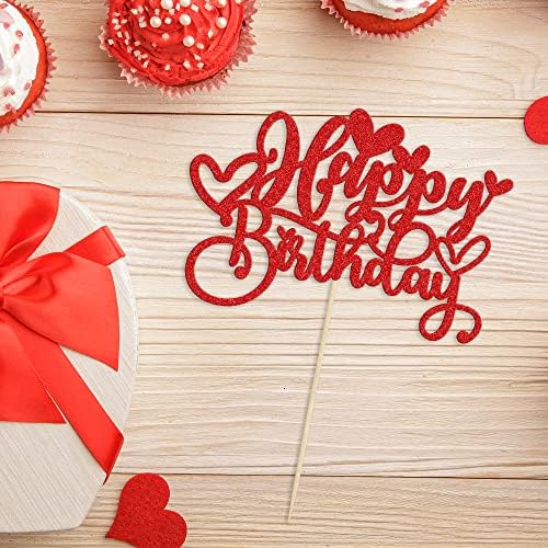 Gyufise 1Pc Love Heart Happy Birthday Cake Topper Red Glitter Sweet Valentine's Day Cake Picks Decorations for Valentine's Day Love Theme Baby Shower Birthday Party Supplies