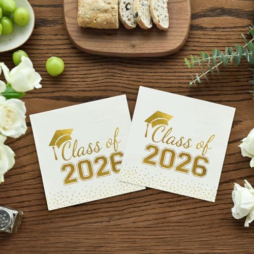 Horaldaily 100 Class of 2026 Graduation Disposable Paper Decorativeeon Napkins, White and Gold Foil dots, College High School Grad Celebration Hand Towel for Party Dinner Kitchen Bathroom