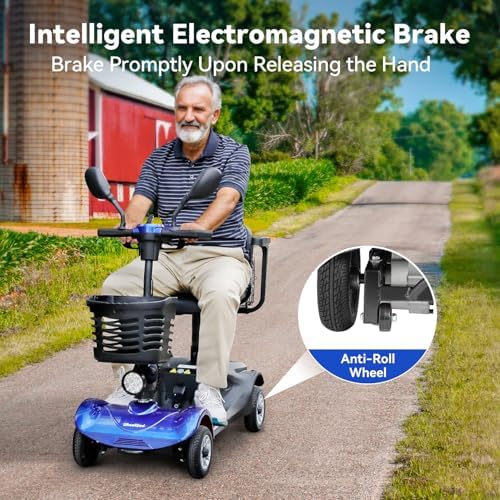 Powered Mobility Scooter, 4-Wheel Foldable Electric Scooter for Seniors & Adults – Heavy Duty Travel Model with 330 lbs Capacity, 350W Motor, Long-Lasting Battery, Front Basket & LED Lights-Blue