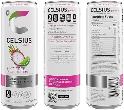 CELSIUS Fizz Free Dragon Fruit Lime, Sugar Free Energy Drink, 12 Fl Oz (Pack of 12)