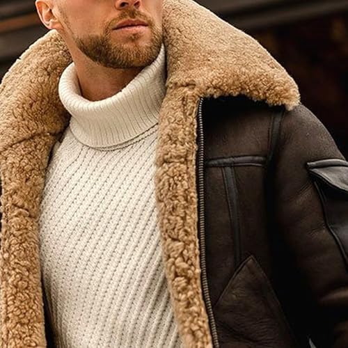 Vintage Fur Collar Sherpa Leather Coat for Men Winter Warm Thicken Leather Jacket Classic Motorcycle Bomber Overcoat