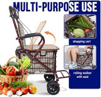 Foldable Shopping Cart with Seat, All-Terrain Wheels, 220 lbs Capacity, Comfortable Thickened Cushion, Easy to Fold and Store, FitS 59-72 Inches, 220lbs, Red