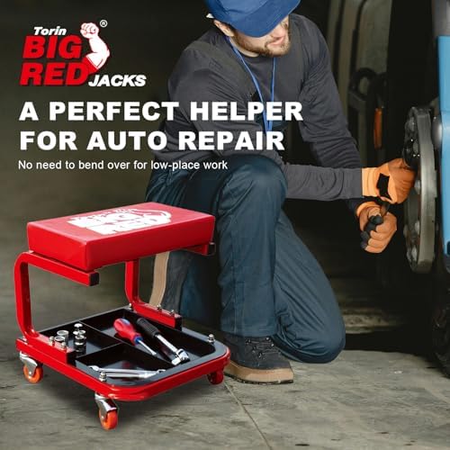 Torin TR6300 Red Rolling Creeper Garage/Shop Seat: Padded Mechanic Stool with Tool Tray Large
