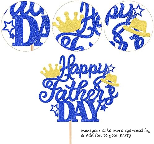 Rsstarxi 1 Pack Happy Father's Day Cake Topper Glitter Best Dad Cake Pick with Hat Crown Love Dad Cake Decorations for Happy Father's Day Birthday Party Supplies Blue
