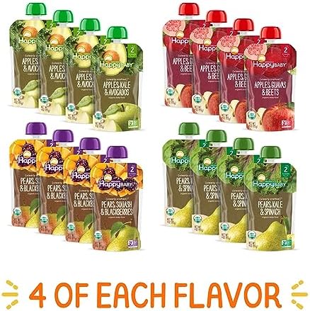 Happy Baby Organics Stage 2 Baby Food Pouches, Gluten Free, Vegan & Healthy Snack, Clearly Crafted Fruit & Veggie Puree, Fruit & Veggie Variety Pack, 4 Ounces (Pack of 16), Amazon Exclusive