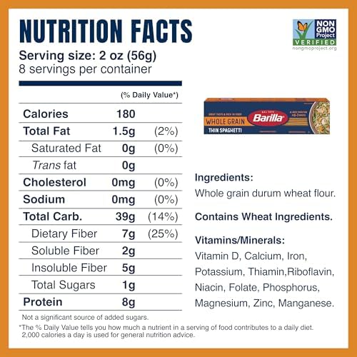 Barilla Whole Grain Thin Spaghetti Pasta, 16 oz. Box (Pack of 20) - Non-GMO, Made With 100% Whole Grain Durum Wheat - Great Source of Fiber