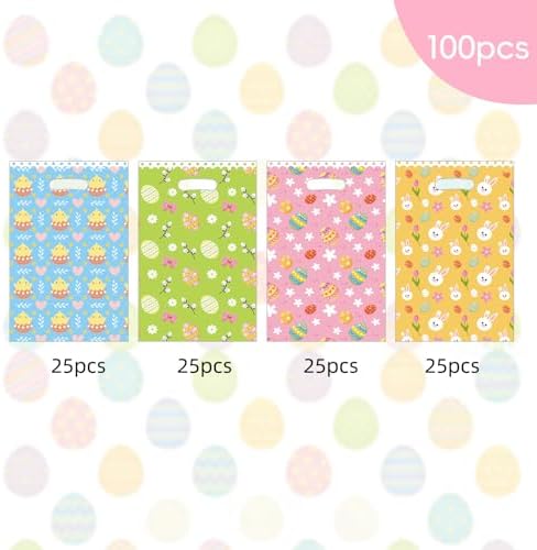 Jocomoni 100Pcs Easter Gift Bag Plastic Treat Bag with Handle Egg Bunny Candy Bags Colorful Goodie Bags for Easter Party Favor Supplies Classroom Gift Exchange