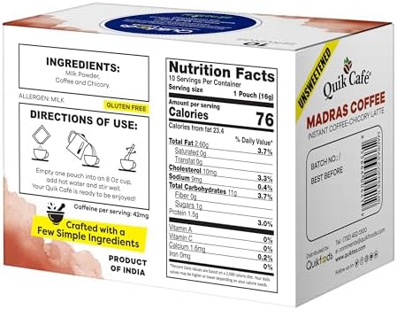 QuikCafé Madras Unsweetened Coffee – 10 Count, Instant Herbal Blend with Natural Ingredients, Caffeine-Light, Preservative-Free – Just Add Hot Water