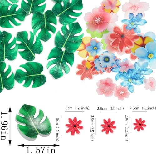 YOcity 83pcs Monstera Tropical Leaves Flowers for Cake Decoration Tropical Palm Leaves Flowers Cupcake Toppers for Jungle Hawaii Theme Baby Shower Kids Birthday Party Supplies