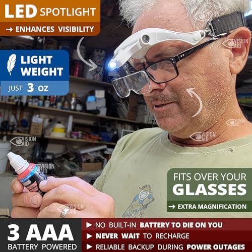 Vision Aid Magnifying Glasses with Light for Close Work, Illuminated Hands Free Headband Magnifier Goggles with Storage Case for Hobby Painting Reading Coin Watch Bead Jewelry…