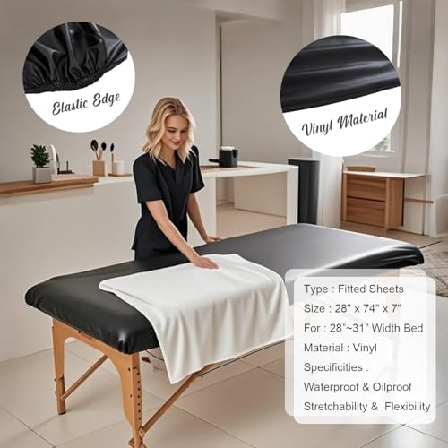 Massage Table Cover Protector Vinyl Leather Spa Bed Covers - Fits Beds 28-32" Wide, Lash Bed Protective Cover Fitted, Esthetician Accessories, Waterproof & Oilproof & Reusable & Elastic (Black)