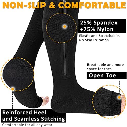 CASMON 15-20mmHg Zipper Compression Socks for Women and Men, Knee High Compression Stockings, Medical Open Toe Support Socks for Varicose Veins, Post-Surgery, Swelling, Nurses, Pregnancy (1 Pair)