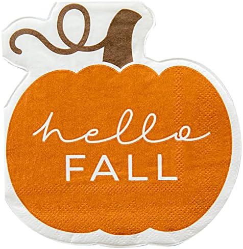 C.R. Gibson TW4-24063 Hello Fall Pumpkin Disposable Paper Cocktail Napkins for Thanksgiving and Halloween, Orange, 20pcs, 5" x 5"