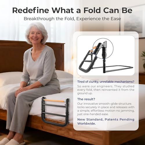 C1 Fold Bed Rails for Elderly Adults Safety - Foldable Bed Assist Rail with Adjustable Height, Tool-Free Folding, Sturdy up to 350 Lbs, Bed Cane Fits King Queen Twin Beds