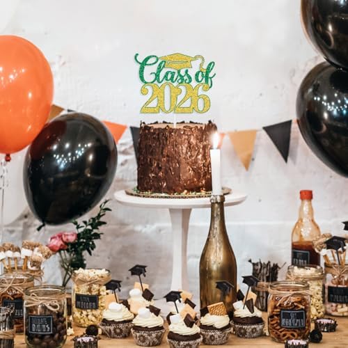 Class of 2026 Cake Topper, Congrats Grad, Congratulations/You Did It, 2026 High School College Graduation Party Decorations Supplies, Green and Gold Glitter