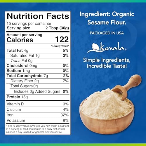Kevala Organic Sesame Flour - 50% Protein Flour Made with Non GMO Sesame Seeds, With Mild Sesame Flavor, Vegan Protein Source, For Making Bread and Cooking, 1 lb, 16 oz