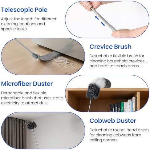 Extra-Long Dusters Kits with Extension Pole, 5 in 1 Cleaning Tools with Extendable Long Handle, Cobweb Duster, Microfiber Dusting Clothes for Gap, High Ceilings and Fans, Blinds, Cars and Furniture