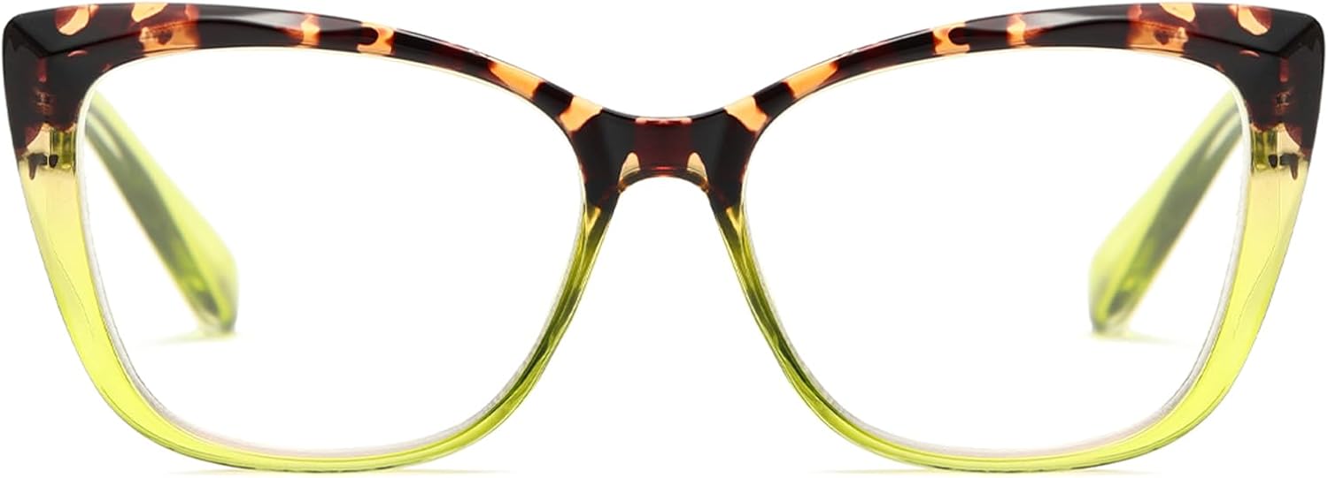 Oversized Cat-Eye Reading Glasses for Women, Lightweight Large Frame Fashion Readers (Tortoise/Green, +1.50)