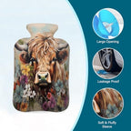 Vintage High Land Cow Flower Hot Water Bottle with Cover, 2L PVC Hot Water Bag for Pain Relief, Hand Foot Warmer, Hot & Cold Therapy with Removable Cover, Gift for Women Kids Family