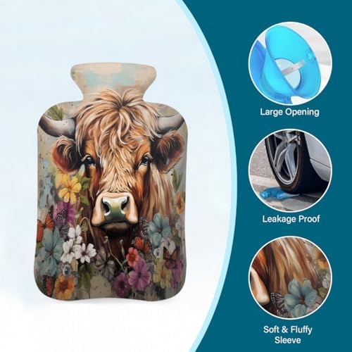 Vintage High Land Cow Flower Hot Water Bottle with Cover, 2L PVC Hot Water Bag for Pain Relief, Hand Foot Warmer, Hot & Cold Therapy with Removable Cover, Gift for Women Kids Family