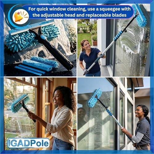 IGADPole 28 FT Water-Fed Washing Kit with Soap-Dispenser, Brush, 10″ Squeegee & Cobweb Duster for Windows, Gutters, Solar Panels & Exterior Walls