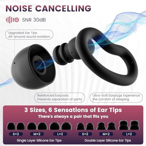 Ear Plugs for Sleeping, 2 Pairs Reusable Ear Plugs for Side Sleepers, 6 Sizes Silicone Ear Tips (Single & Dual Layer) 30dB Noise Reduction for Snoring, Travel & Focus