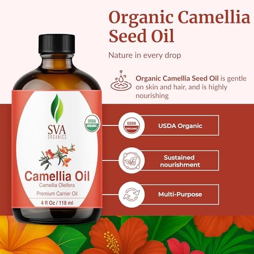 SVA Camellia Seed Oil Organic - 4 Fl Oz – 100% Natural Cold Pressed Organic Camellia Oil - for Face, Skin Care, Hair Care, Scalp Massage & Body Massage – Carrier Oil with Dropper