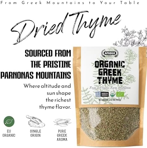 Apsogo Organic Greek Thyme – Premium Dried Thyme Leaves from Greece (3.52 oz) Aromatic for Cooking, Tea & Seasoning, 3.52 oz Resealable Eco Pouch