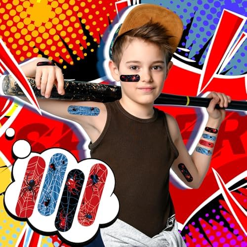 Patelai 10 Styles Kids Bandages Bulk Children's Adhesive Colorful Cute Bandages Waterproof Breathable Stickers Flexible Cartoon Protection Care Cuts for Girls Boys(Spider)
