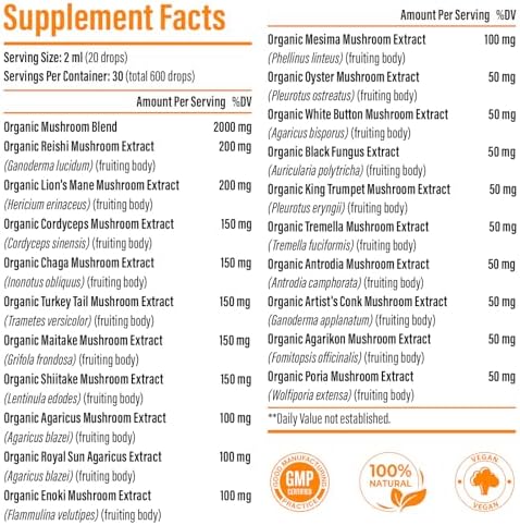 Liposomal Mushroom Complex Drops 2000 MG - 20 Organic Mushroom Extracts - Advanced Liquid Formula for Immunity, Cognitive and Memory - Lions Mane Supplement, Reishi, Cordyceps, Chaga, 30 Servings