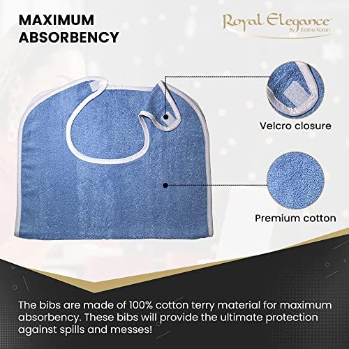 Adult Bibs for Eating - Adult Bibs for Women - Bib for Men & Seniors - Bib for Adults, Clothing Protector, 100% Cotton Terry Cloth, Large 18x30, Absorbent, Machine Washable, Blue, 12 Pack