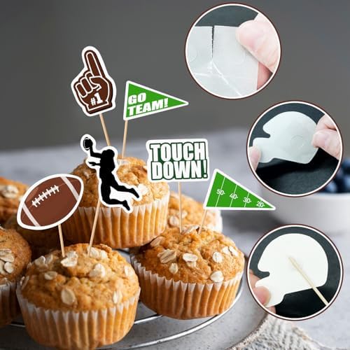 24PCS Football Cupcake Toppers, Football Flag Touchdown Wooden Food Picks, Disposable Foot Ball Themed Cocktail Picks for Sports Theme Party Decorations 2026 Birthday Game Day Party Supplies