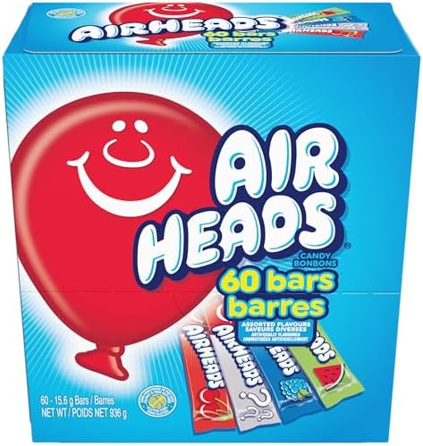 Airheads Full-Size Candy Bars,Taffy Candy Bulk Variety Pack,Individually Wrapped,Six Assorted Fruit Flavors Artificially Flavored,Box,60 Count (Pack of 2)