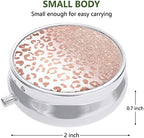 Nipichsha Pill Box, Small Pill Case for Purse & Pocket, Cute Travel Medicine Organizer, Portable Medicine Container Holder to Hold Vitamins, Medication, Fish Oil & Supplement, Rose Gold Leopard Print