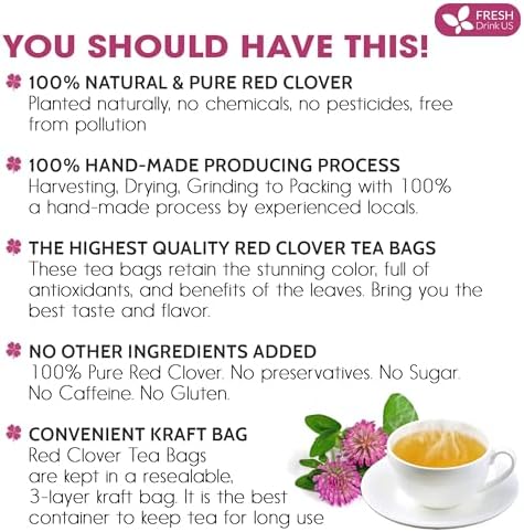 FreshDrinkUS, Premium Red Clover Herbal Tea– 75 Tea Bags – Pure – Naturally Smooth & Mild Flavor – Premium Quality, Eco-Conscious Packaging. Caffeine-Free. Gluten Free. Vegan
