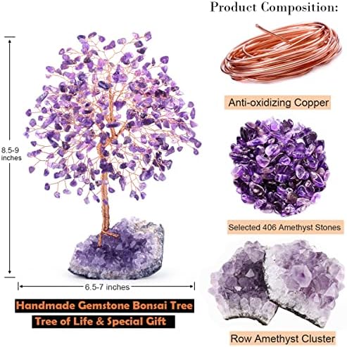 Natural Gemstone(406 Stone Count) Amethyst Crystal Tree of Life,Chakra Balancing Positive Enegy Fengshui Decor Bonsai Money Tree,Good Luck Spiritual Gift Height 8.5-9 Inches