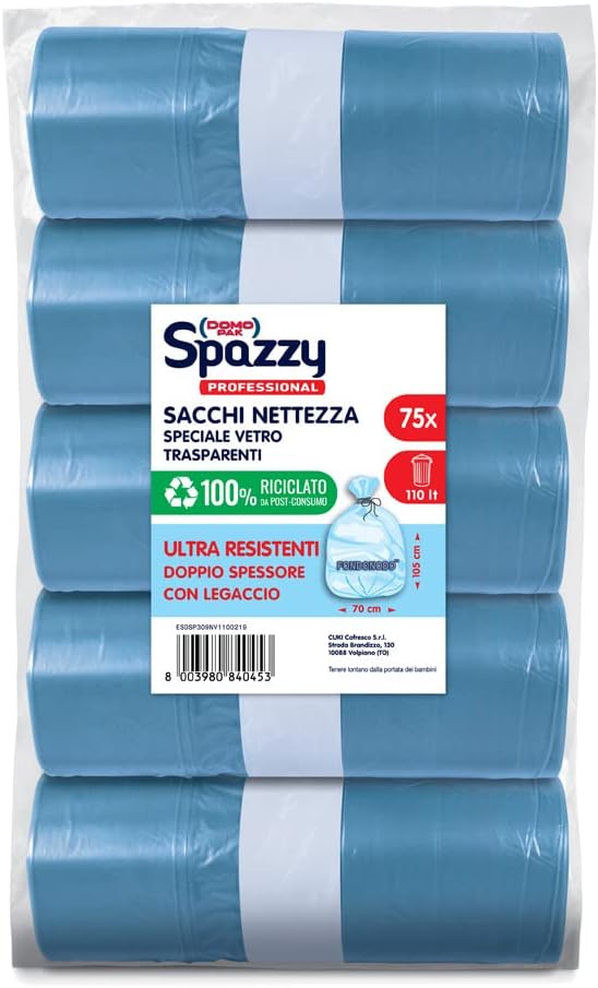 Professional Special Glass Collection Bag, 110 lt, Transparent Blue, 5 Packs of 15 pieces