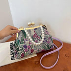 Vintage Embroidered Flower Handbag Retro Pearl Chain Crossbody Bag Clutch Kiss Lock Top Handle Shoulder Purse Wallet 2026