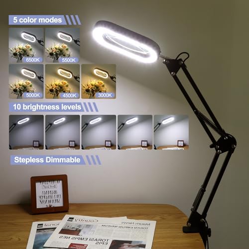 Drdefi 10X Square Magnifying Glass with Light and Stand, Real Glass LED Lighted Magnifier, 5 Color Modes Stepless Dimmable, Hands-Free Mag Desk Lamp with Clamp for Reading Craft Hobby Close Work Black
